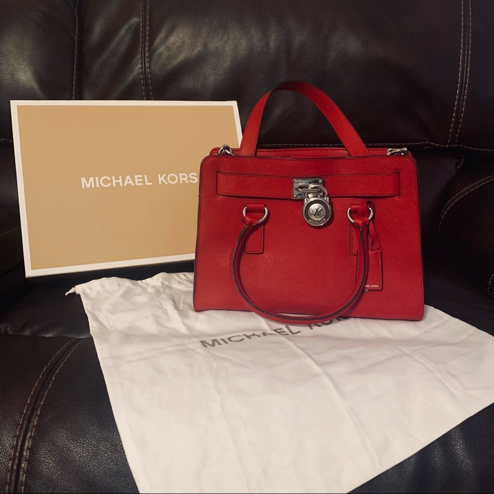 Michael Kors Hamilton Medium Lock & Key Red/Silver Saffiano Leather Satchel